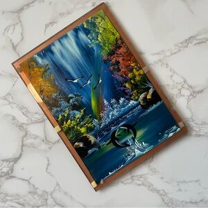 Artist Painting of Tropical Scene with Waterfall, Dolphins on copper toned plate